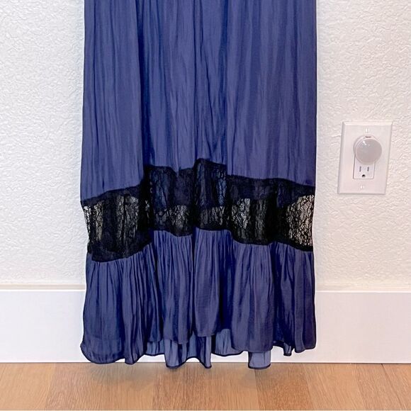 Aqua Popover Lace Inset Halter Silky Midi Dress in Blue/Black size Medium - Picture 9 of 14